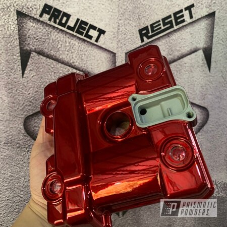 Powder Coating: Clear Vision PPS-2974,Super Chrome Plus UMS-10671,cylinder head,Prismatic Powders,Deep Red PPS-4491