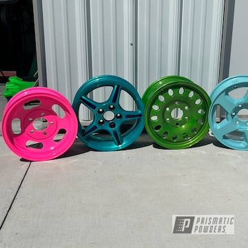 Assorted Custom Wheels Powder Coated In Heavy Silver, Hd Teal, Sassy, Robins Egg Blue And Psycho Lime
