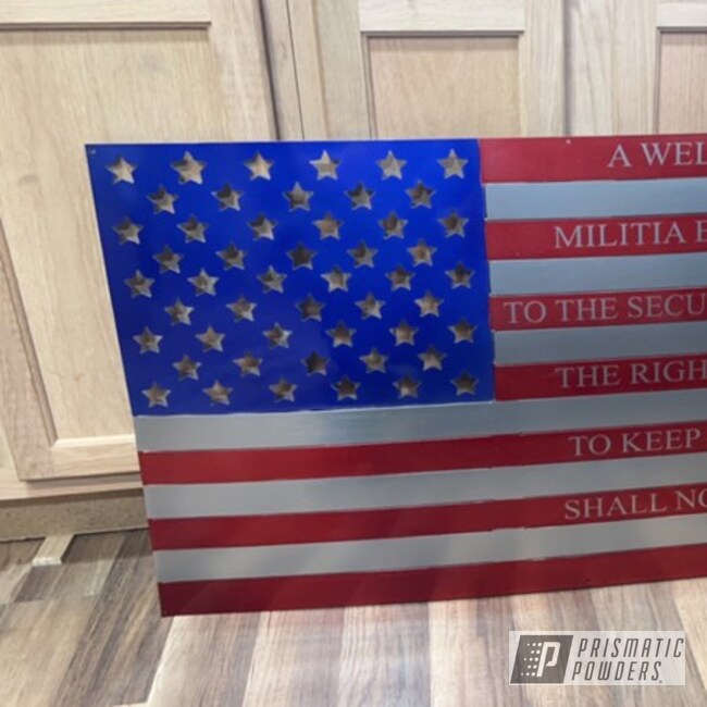 American Flag Sign Powder Coated In Lollypop Blue, Polished Aluminum And Wilder Red