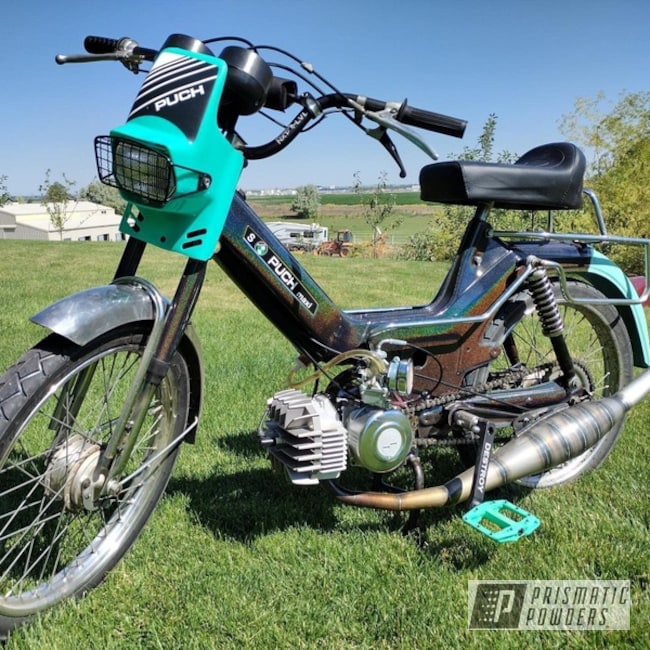 Universal Moped Powder Coated In Sea Foam Green And Prismatic Universe