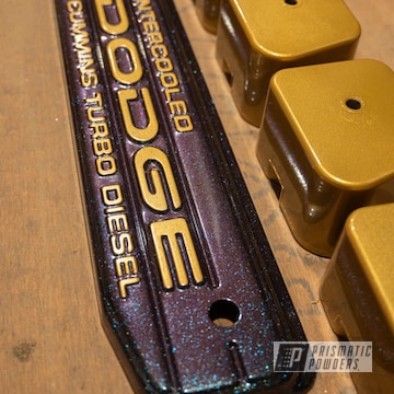 Dodge Cummins Valve Cover Powder Coated In Clear Vision, Misty Burgundy, Chameleon Sapphire Teal And Prismatic Gold Ii