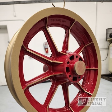 Harley Sportster Wheel Powder Coated In Flag Red And Satin Poly Gold