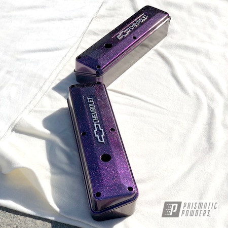 Powder Coating: Chevy,Chameleon Violet PPB-5731,Clear Vision PPS-2974,Rocker Covers,Automotive,GLOSS BLACK USS-2603