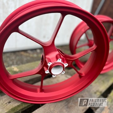 Motorcycle Wheels Powder Coated In Rancher Red, Casper Clear And Super Chrome Plus