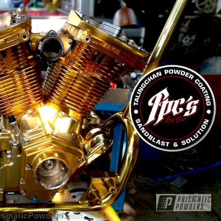 Powder Coating: Motorcycles,110 Cubic Inch Engine,Transparent Gold PPS-5139,Harlay Davidson Gold 24k Motor,Engine Components,Single Color Application,Harley Davidson,Custom Powder Coated Motorcycle Engine