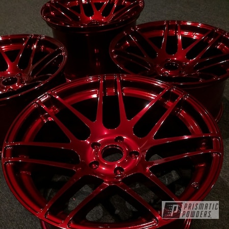 Powder Coating: Wizard Red PPS-4690,Powder Coated Wheels,SUPER CHROME USS-4482,chrome,Two Coat Application,Automotive,Wheels